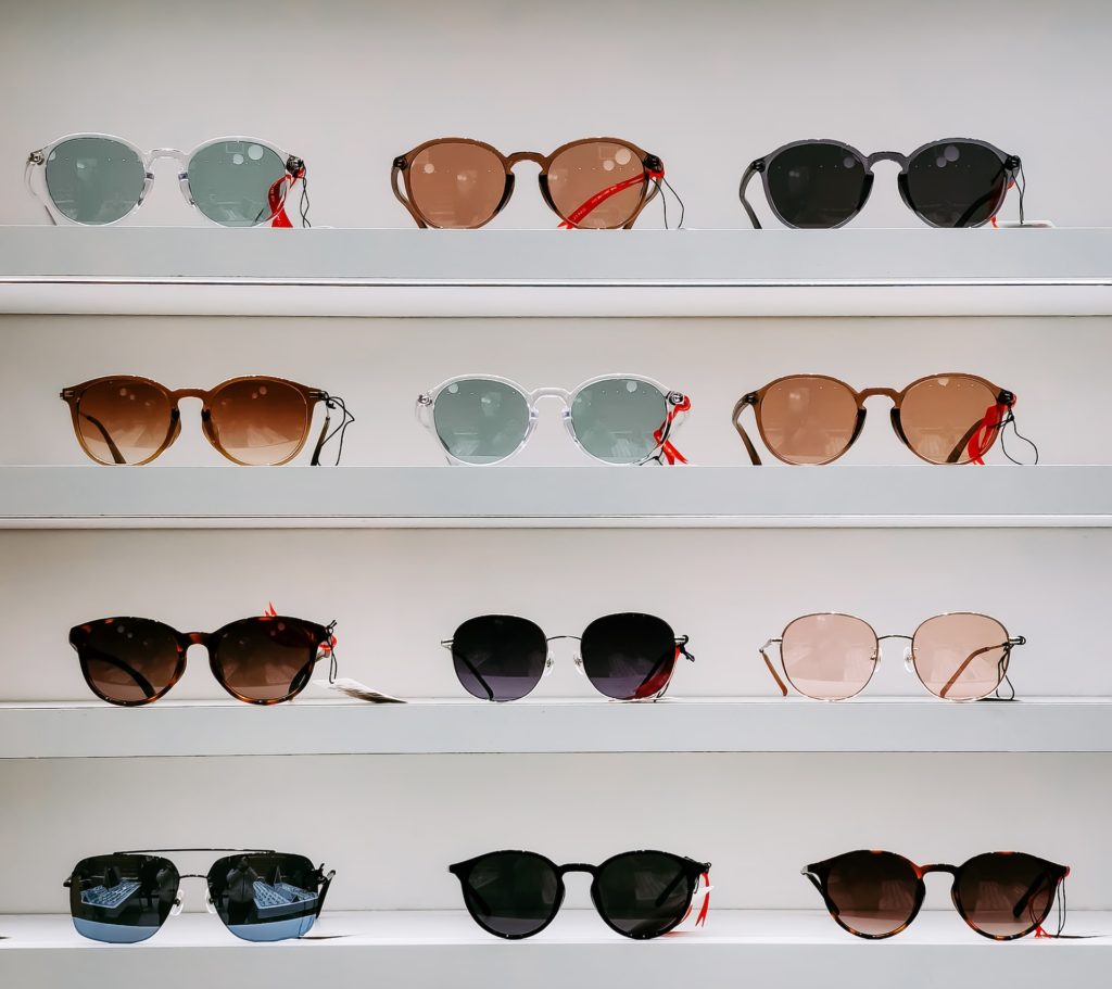 sunglasses on shelves